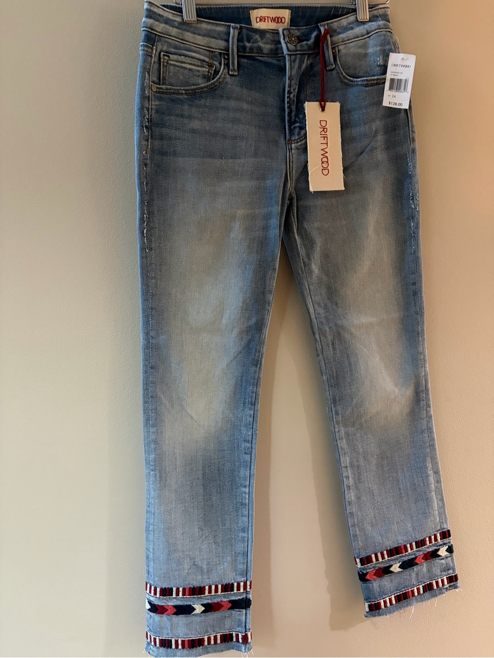 DRIFTWOOD Light Blue Cropped Jeans with Embroidered Hem Size 26